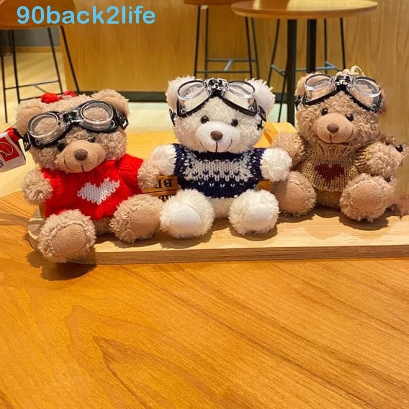 Chaveiro de urso de pelúcia, cordão, óculos de aviador com pérolas, óculos de desenho animado, pingente de animal