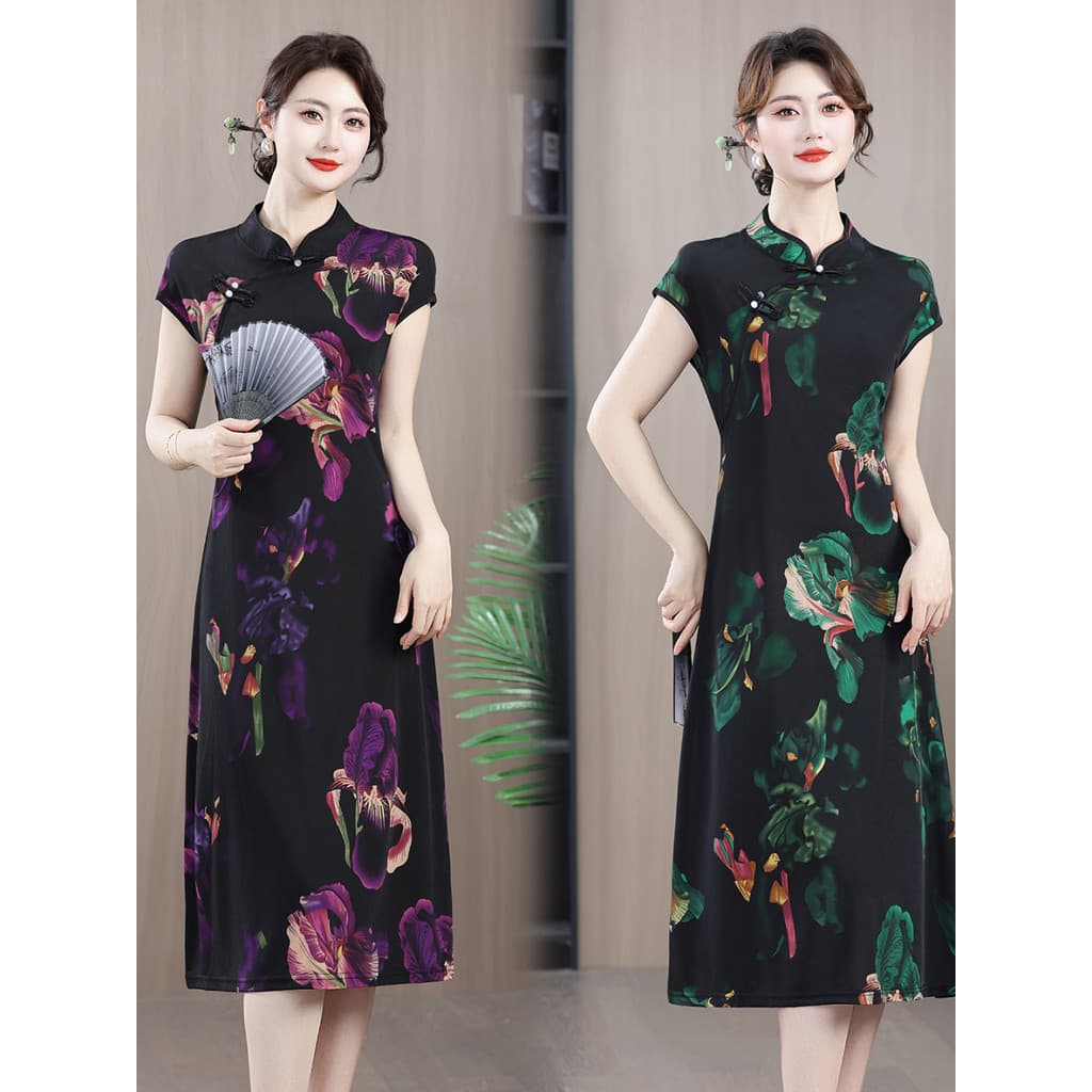 Idosos de meia-idade melhorado Cheongsam vestido novo estilo mãe moda chinesa impresso saia de comprimento médio verão S