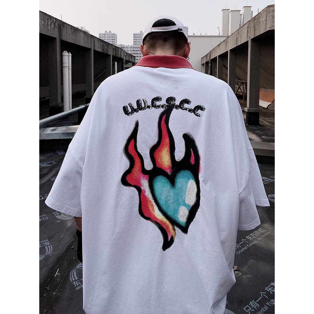 UUCSCC verão Hip-Hop solto tamanho grande amor em torno do pescoço meia manga meia manga Street Wear oversize curto-
