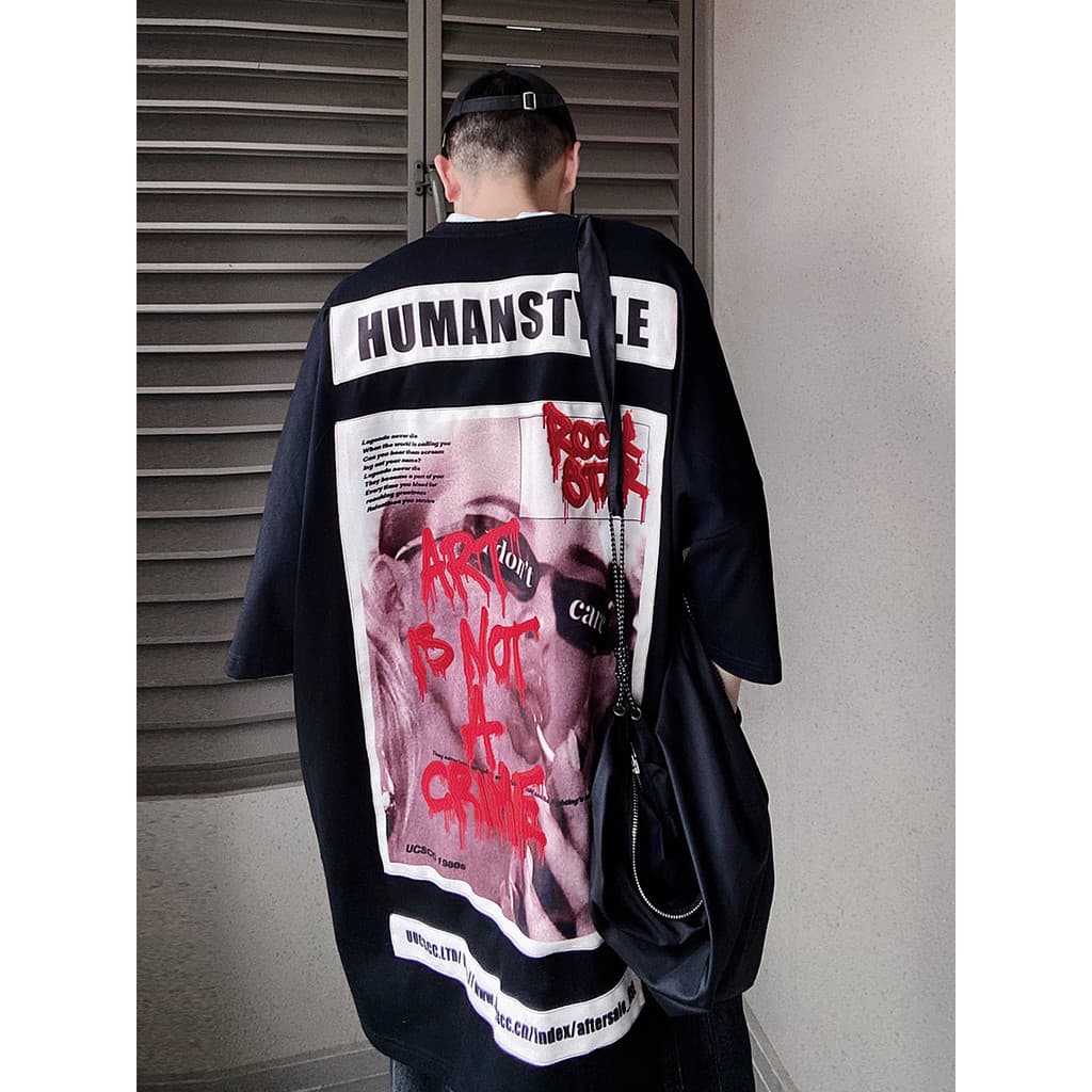 UUCSCC Hip-Hop Street Wear High Street Retro oversize Bordado Pesado Remendo Solto de Manga Curta Cinco Po