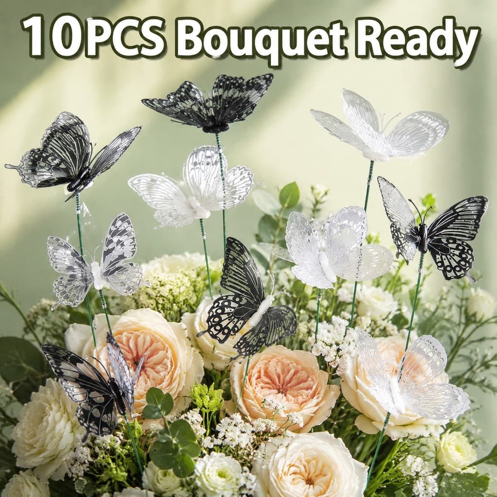10 Peças 8CM Escolhas De Buquê De Borboleta Em PVC Com Hastes De Fio Verde Decoração Floral