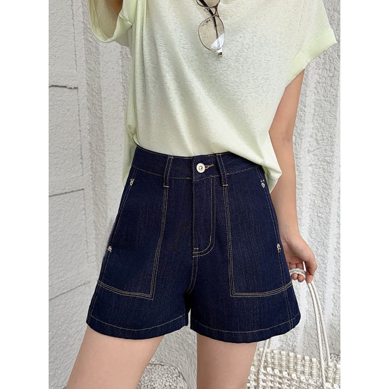 Verão novo estilo denim azul cintura alta mais magro olhar denim Shorts feminino solto perna larga Tencel sensação legal