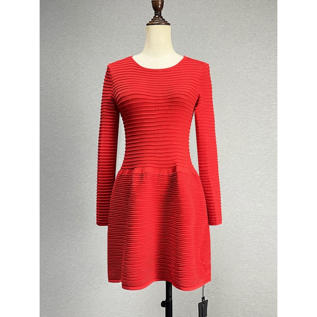 Desconto em marca Vestido vermelho de manga até o tornozelo feminino 2024 estiramento fino simples listrado saia evasê s