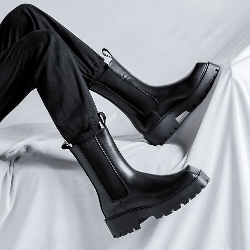 Botas masculinas Chelsea Martin, bico quadrado, estilo britânico, cano alto, outono inverno, aumentando couro preto, fer