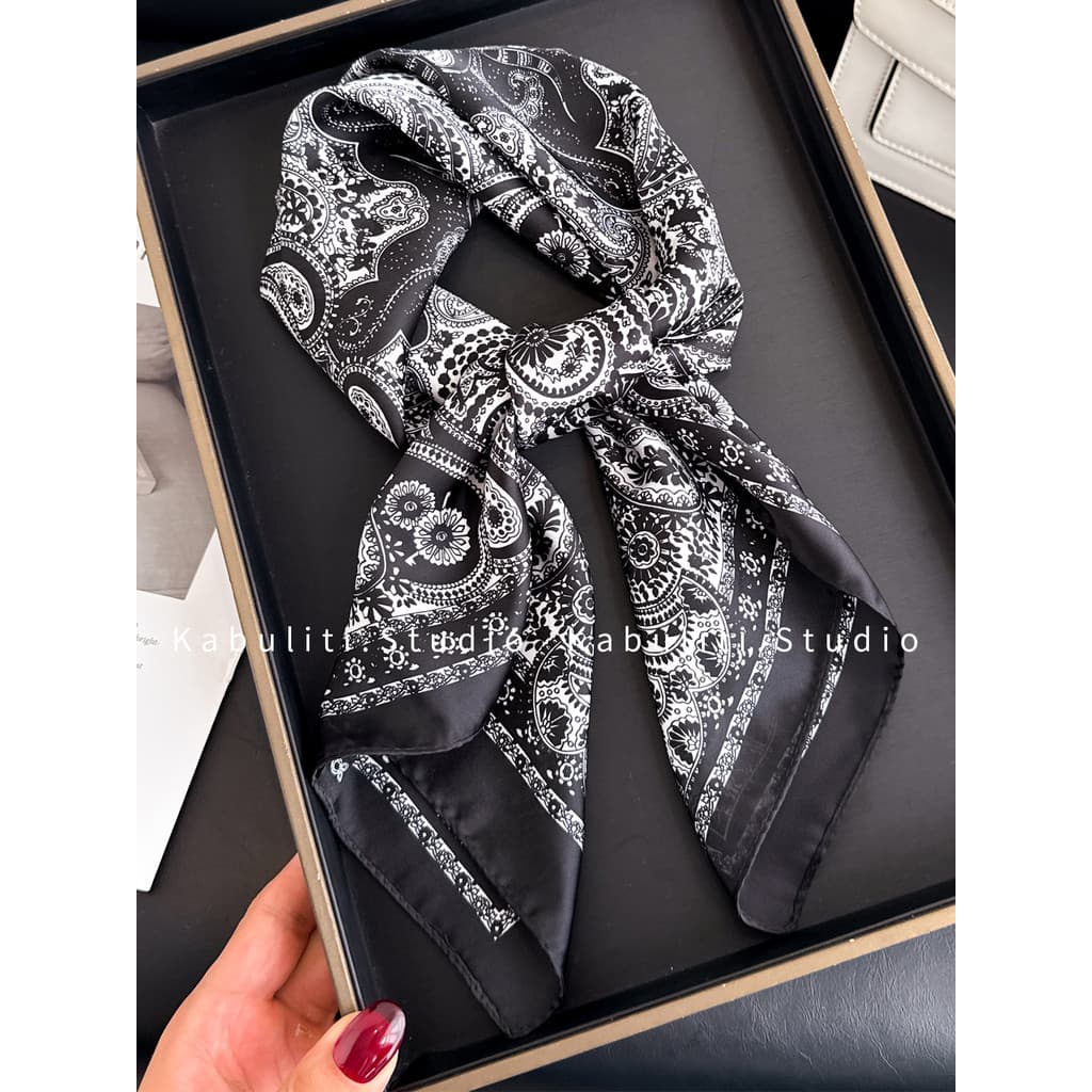 Preto estilo étnico pequeno lenço quadrado lenço de seda feminino combinando camisa pescoço proteção pescoço cachecol pe