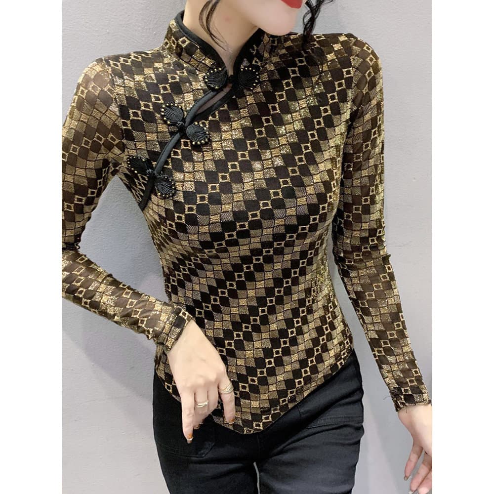 Estilo ocidental fio de ouro verificado topo feminino fino-ajuste de manga comprida Retro abotoado elegante camisa de fu