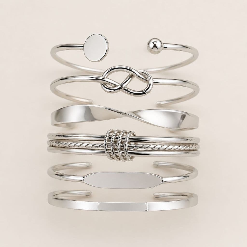 Braceletes Prata Kit Feminino Seis Peças Aço Banho