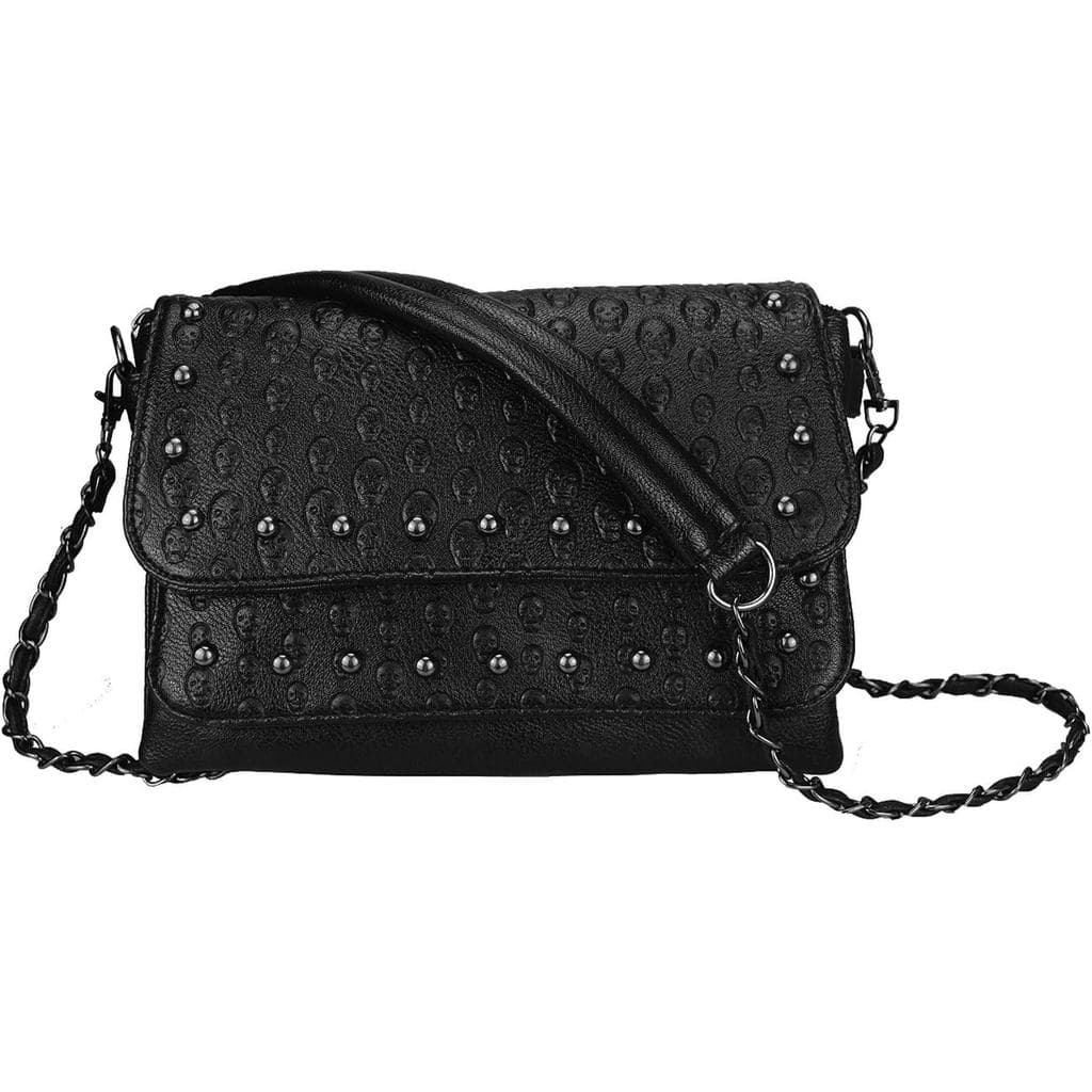 Bolsa Gótica Feminina com Caveira, Bolsa Transversal com Rebites, Prática, Preta, Bolsa de Ombro, Bolsas de Halloween