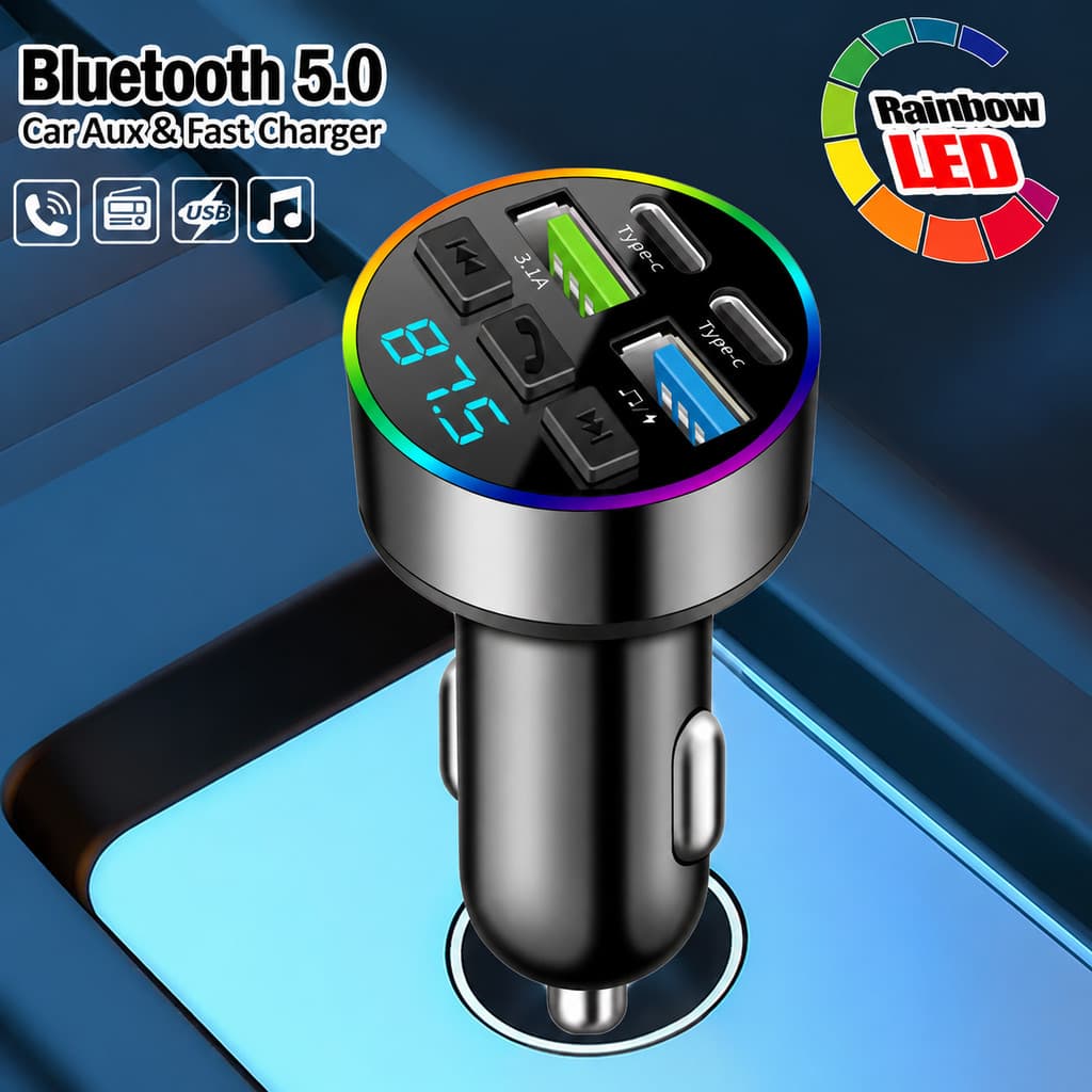 Transmissor FM Bluetooth 5.0 De Carga Rápida De 66 W 4 Portas (USB Duplo + Tipo C) RGB Luz Ambiente Viva-Voz Reprodutor