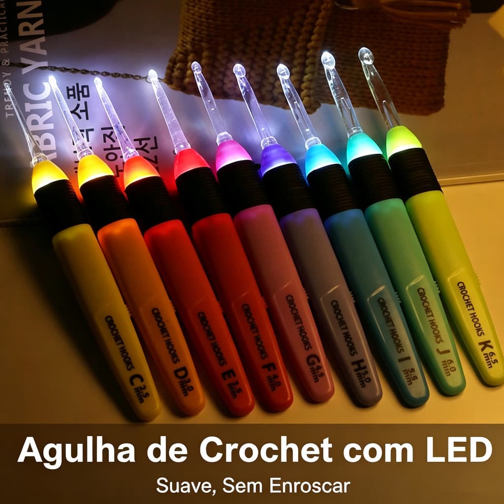 Agulha de crochê com iluminação LED, ferramenta de crochê artesanal, disponível em vários tamanhos.