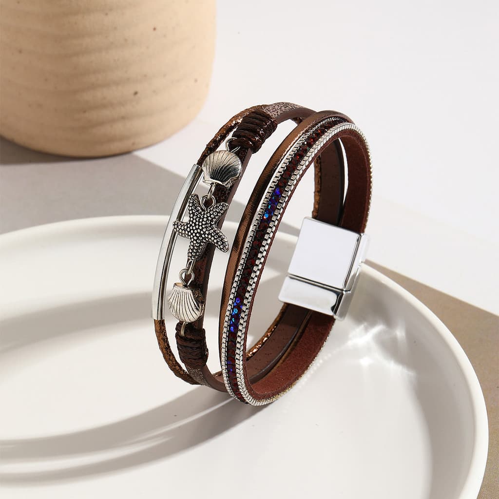 Pulseira de alta qualidade novo estilo estrela do mar pulseira feminina de couro tecido à mão pulseira boêmia