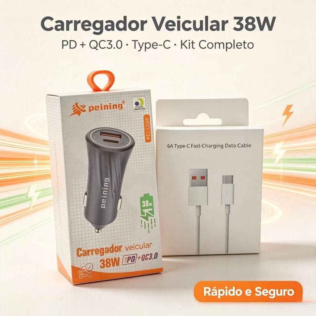 Carregador de Carro para Celular PEI-CC01 38W Peining Carregador Veicular Turbo Carga Rápida com Cabo