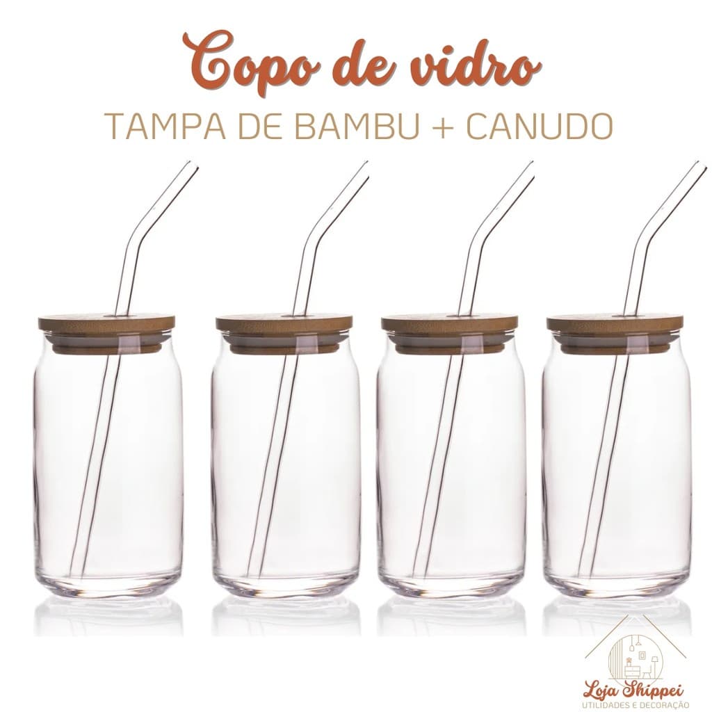 Copo de Vidro 500ml com Tampa Bambu e Canudo Reutilizável para Bebidas Geladas