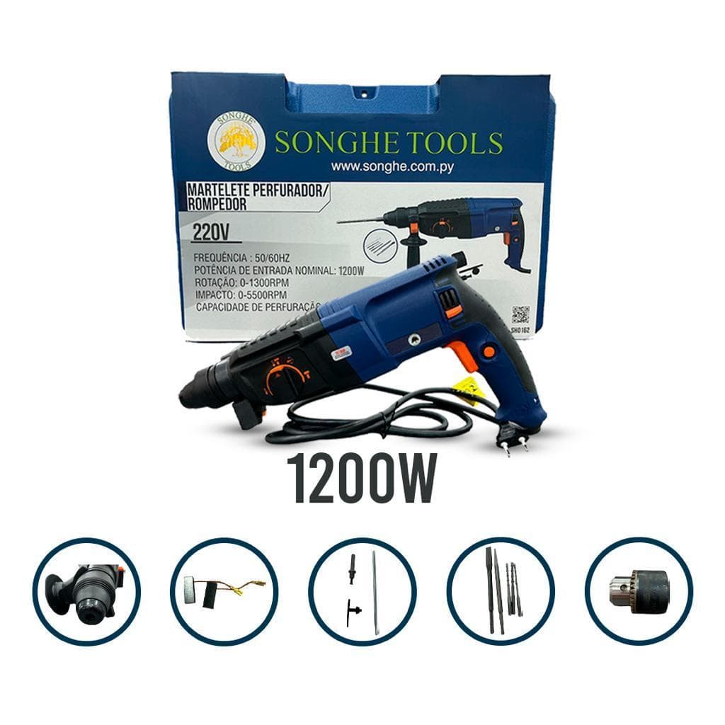 Martelete Rompedor Profissional 1200W Função Furadeira Impacto Reversível Envio Imediato