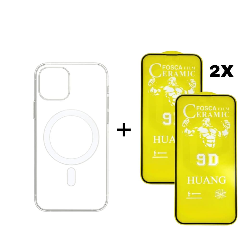 Kit 3 em 1 Capa MagSafe + 2 Películas Cerâmica Fosca Compatível iPhone 11 12 13 14 15 Premium candy