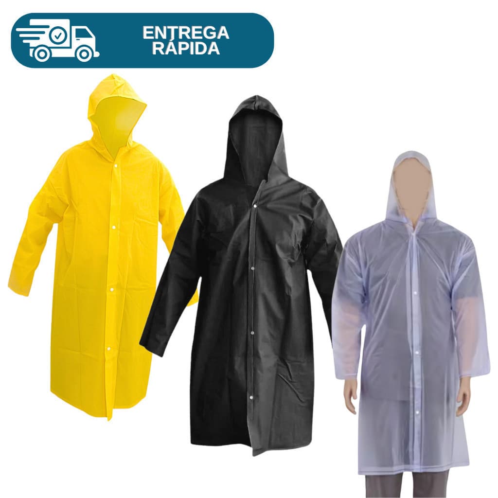 Capa De Chuva Impermeável Preta Pvc Com Capuz Resistente Segurança Proteção Epi