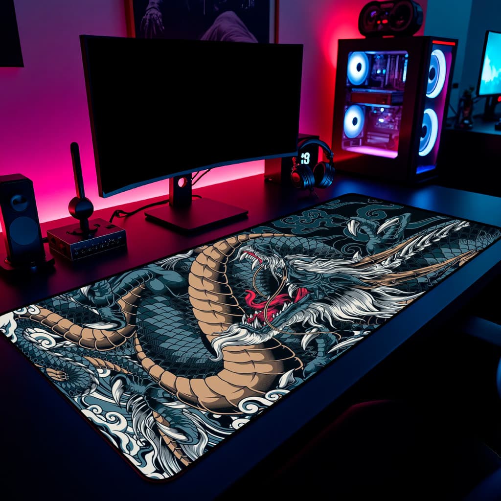 Mouse Pad Dragão Transversal Azul Gamer 65x30cm / 80x40cm / 90x50cm / 120x60cm / Borda Costurada
