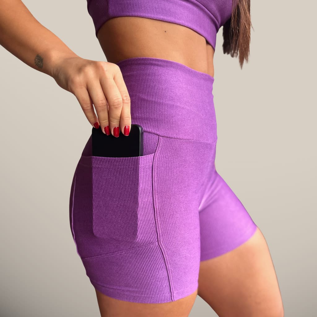 Short com Bolso Para Corrida Canelado Fitness Feminino Bermuda de Academia Legging Feminina Cintura Alta Ciclismo Treino