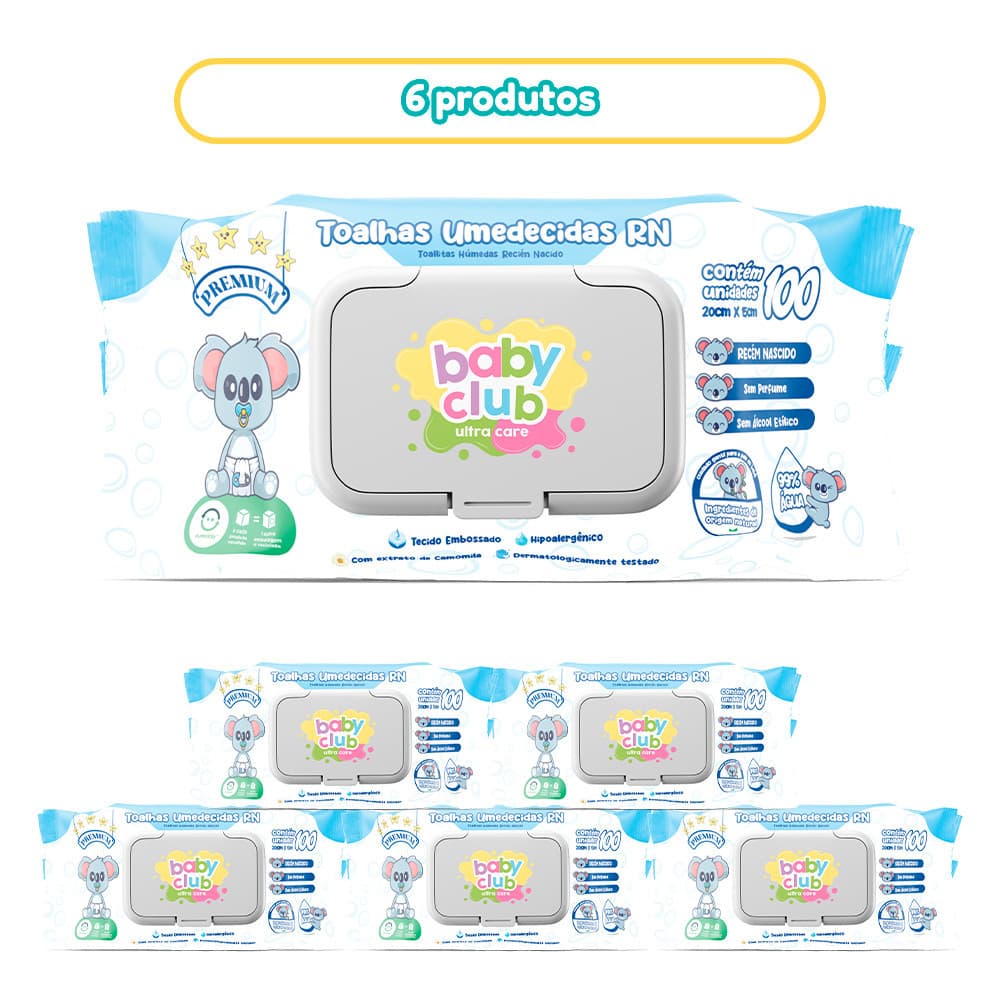 KIT 6 TOALHAS UMEDECIDAS RECEM NASCIDO BABY CLUB 100 FOLHAS