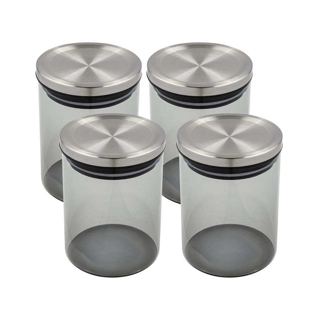 Kit 4 Pote de Vidro 10x13,3CM 750ML Fumê Tampa Metálica Hermética Mantimentos