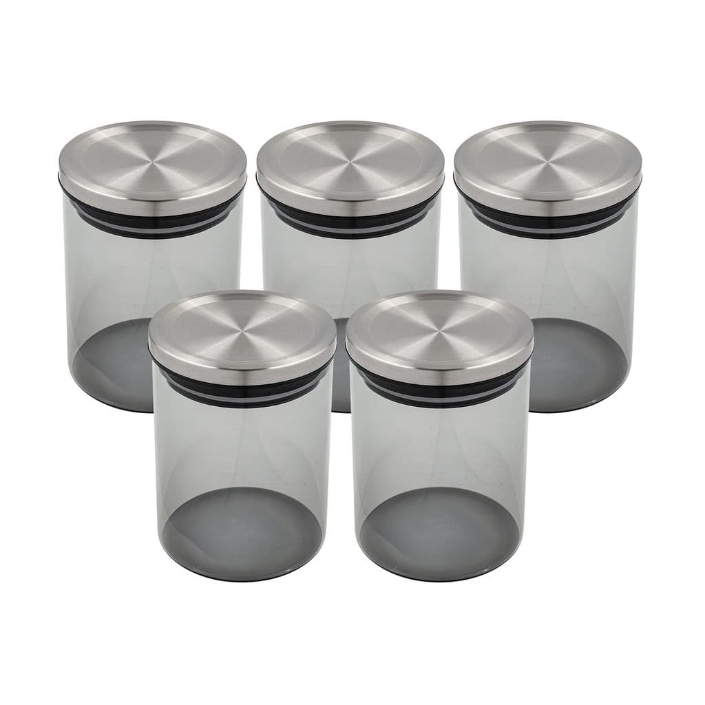 Kit 5 Pote de Vidro 10x13,3CM 750ML Fumê Tampa Metálica Hermética Porta Mantimentos Cozinha
