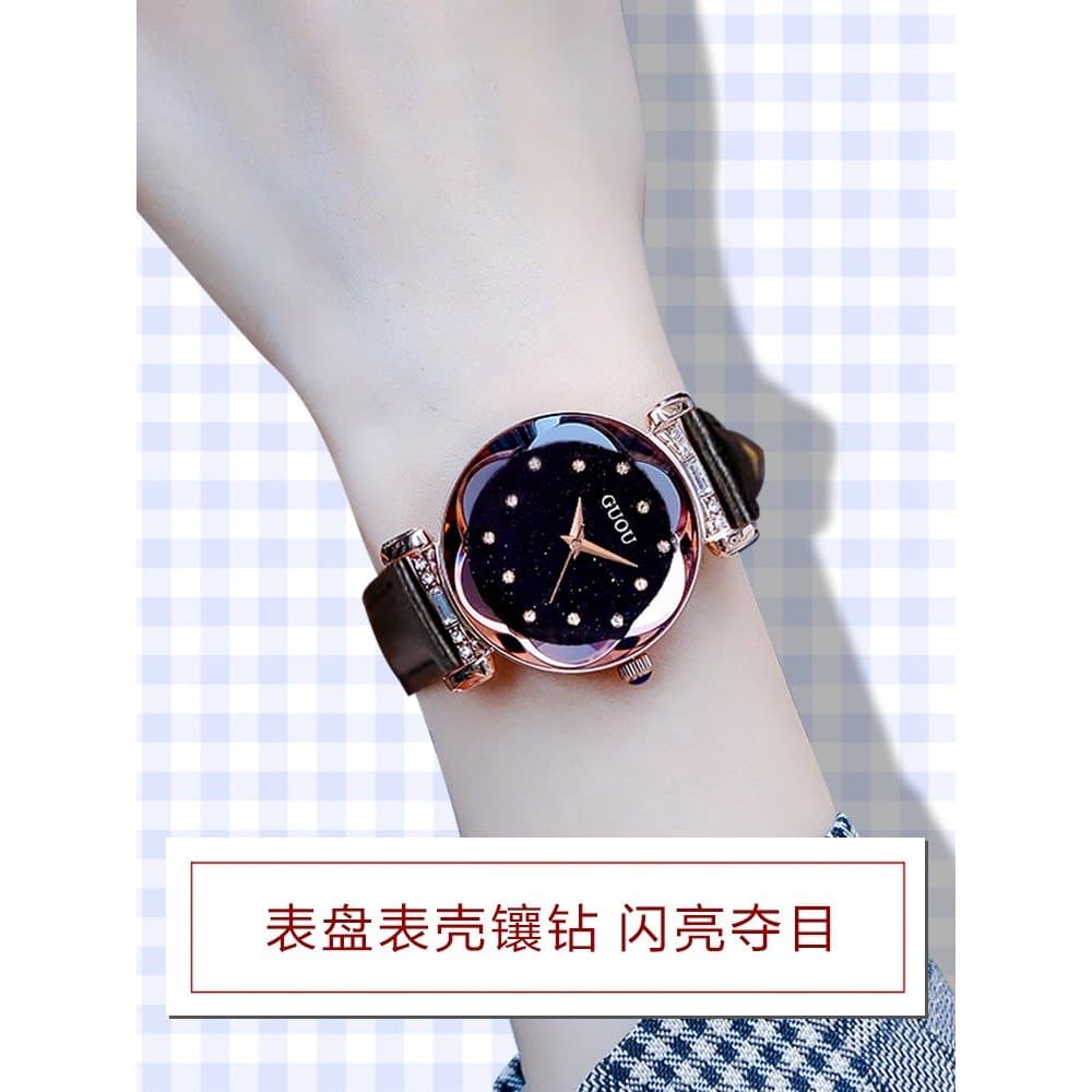 Antigo europeu ouro moda senhoras relógio feminino estudante diamante-cravejado pulseira de couro genuíno quartzo moda c