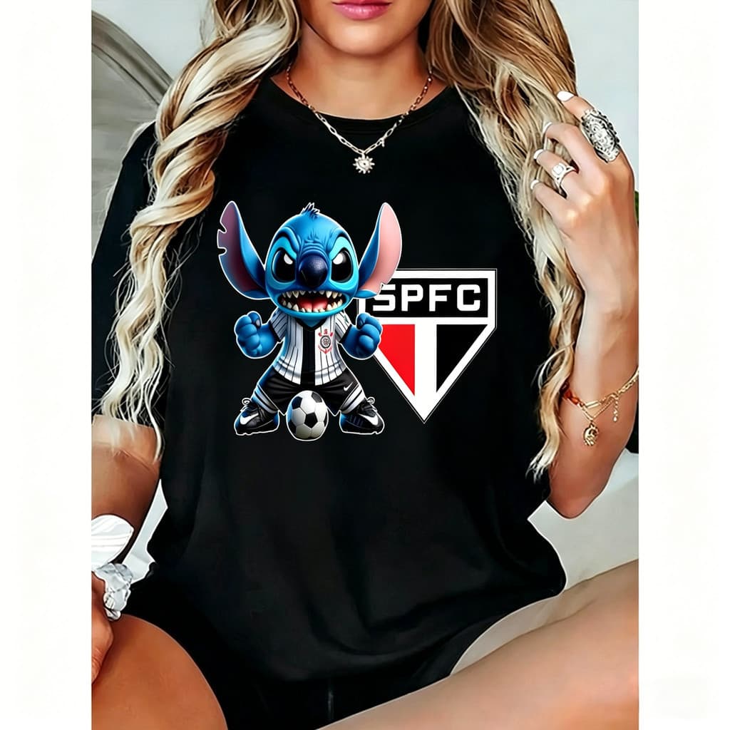 [Camiseta Premium em Algodão Puro]LA Camiseta Unissex Stitch Escudo São Paulo FC Futebol Branca Fofa Moderna Estilosa Mo