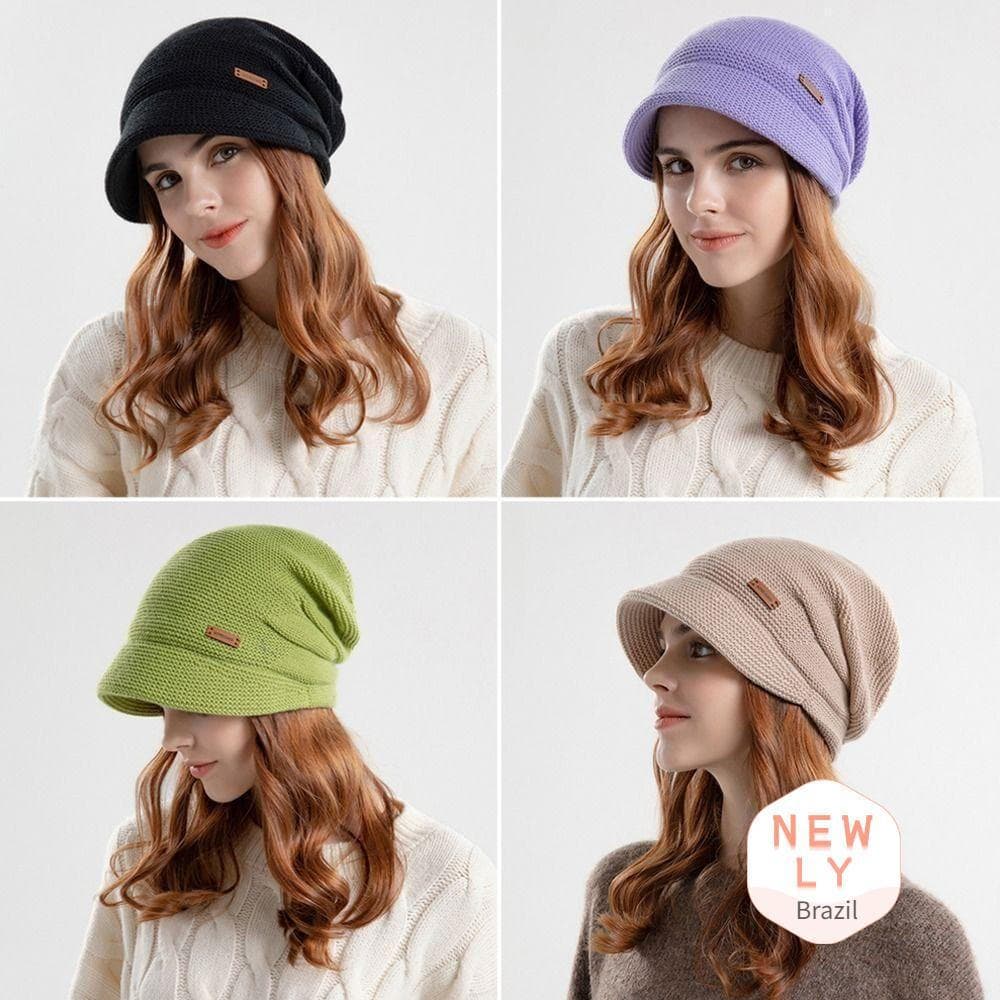LIAYING Chapéu De Malha , Gorros Forrados De Lã De Pelúcia Macia , Gorro Casual À Prova De Vento Com Aba Curta Engrossad