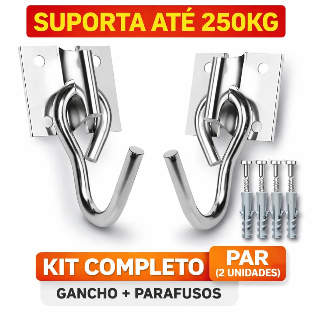 Gancho para Rede de Descanso e Balanço Kit 2 Peças Aço Grosso Reforçado 250kg
