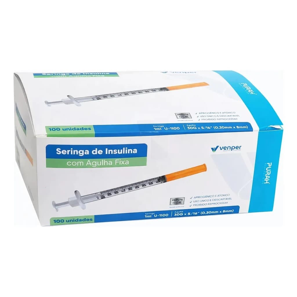 Seringa De Insulina Agulha Fixa 1ml 30x80mm Cx 100 Un Venper