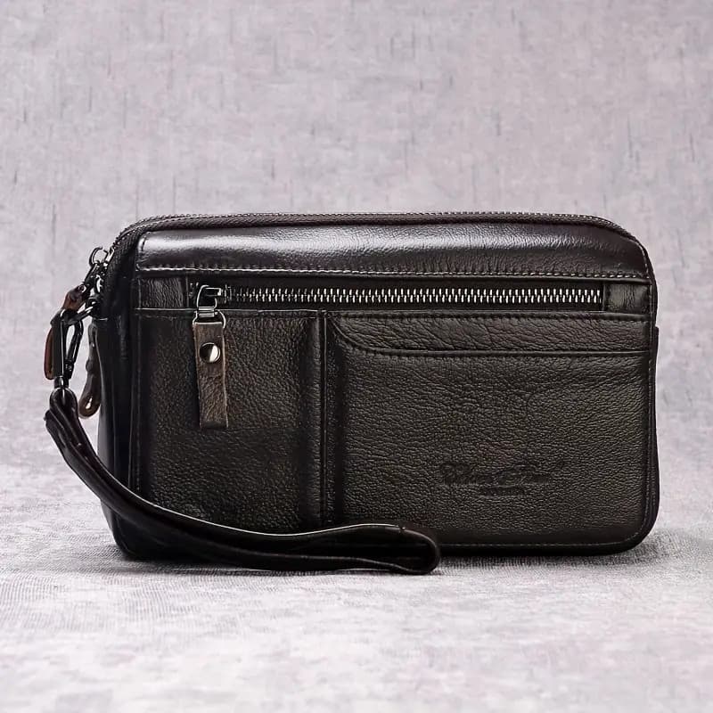 Bolsa de mão masculina de couro casual, alça casual, bolsa para documentos, carteira longa, primeira camada, bolsa de co
