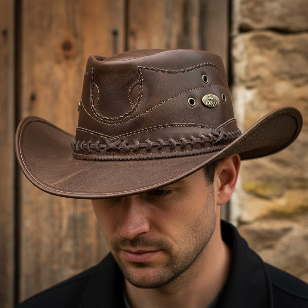 Chapéu Country Unissex Couro Legítimo Moda Barretos Cowboy Rodeio Preto Marrom