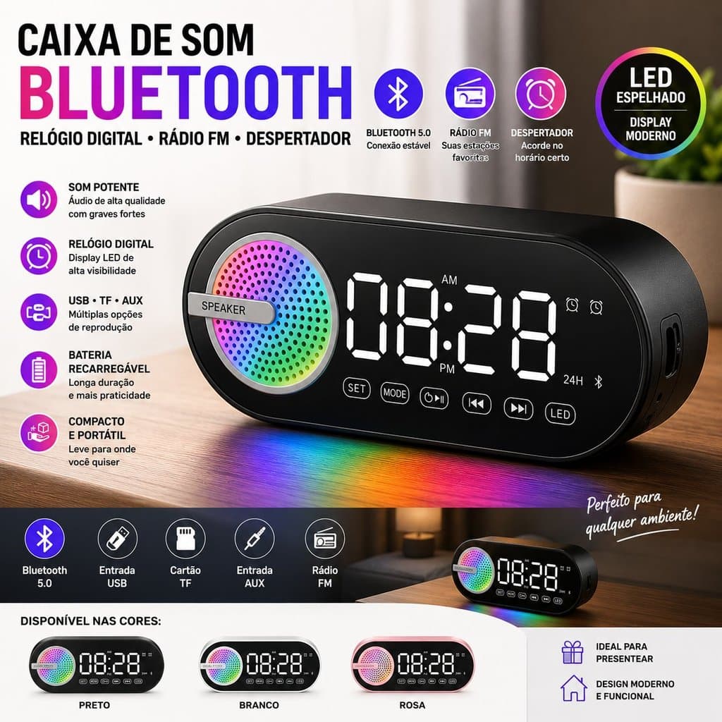 Caixa de Som Bluetooth com Relógio Digital LED Espelhado Despertador Rádio FM USB TF AUX Recarregável