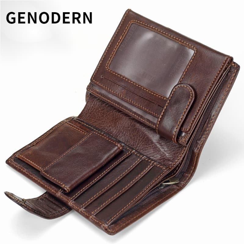 Carteira Curta Vintage Masculina GENODERN em Couro Genuíno de Primeira Camada, Modelo Vertical UWLD