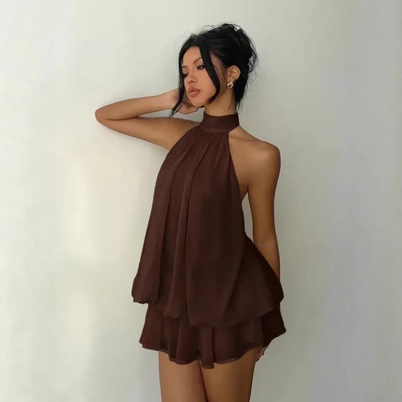 Vestido Feminino com Decote Halter, Saia Mini de Chiffon Transparente, Laço Frontal e Costas Abertas, para Festa de Aniv