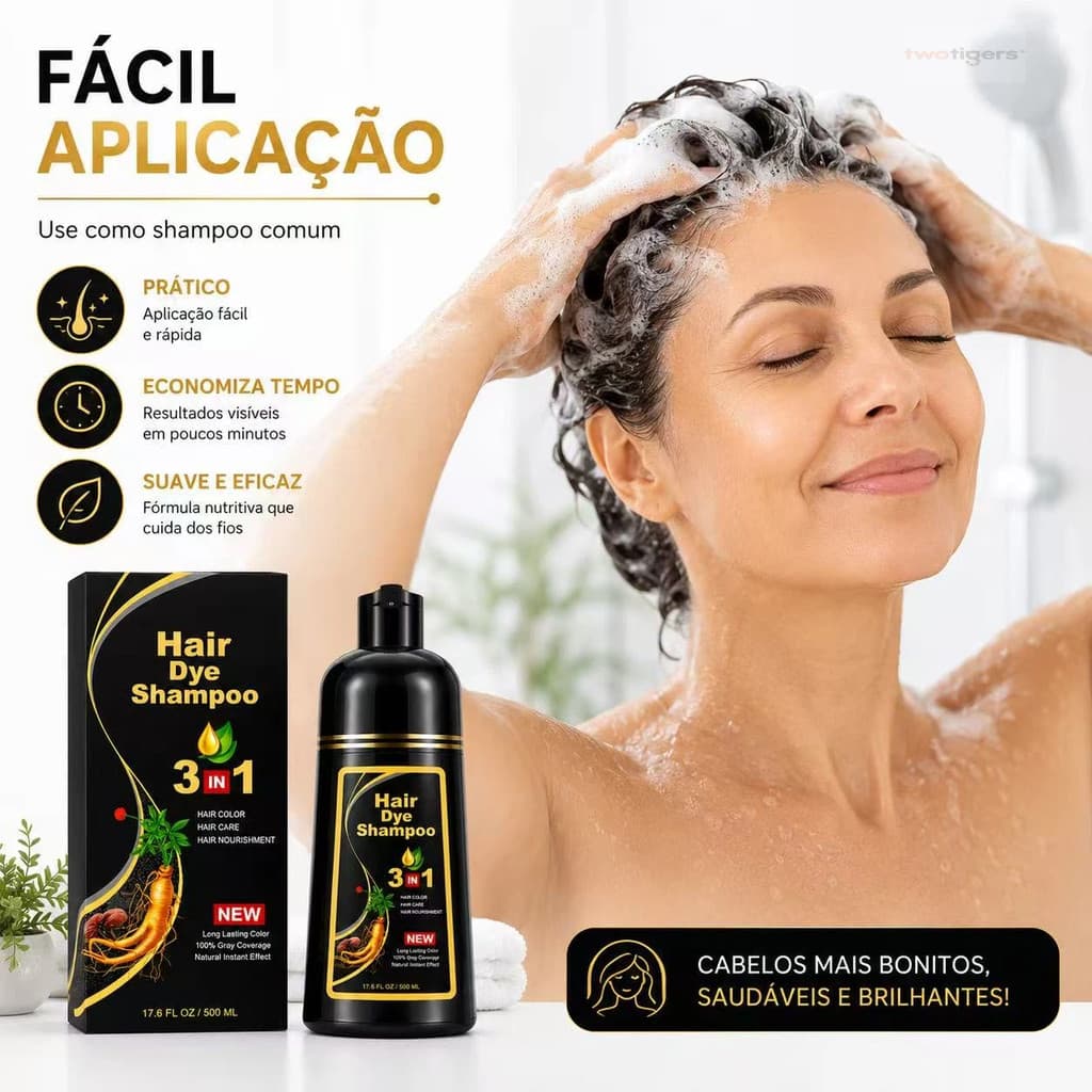 Shampoo Corante 3 Em 1 500ml Com Extratos Naturais De Vegetais Para Cobrir Cabelos Brancos