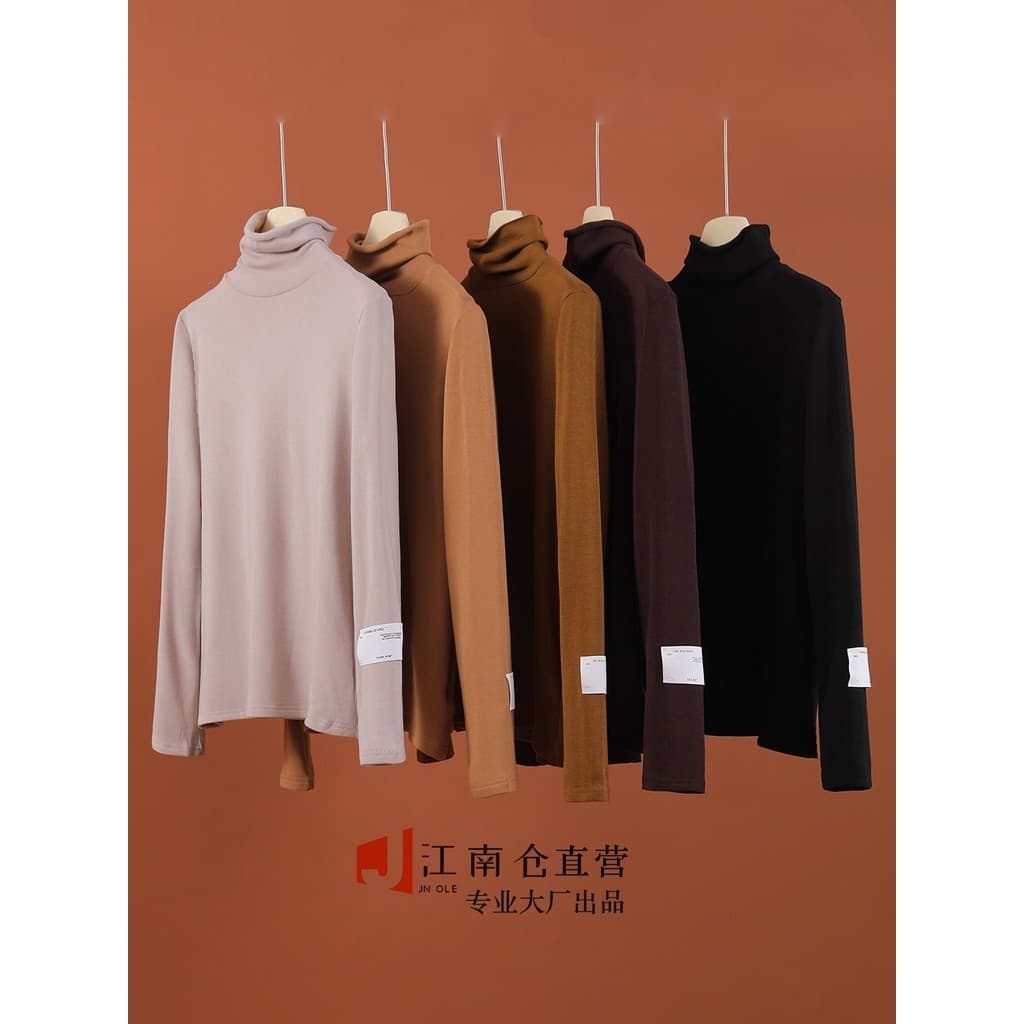 Jiangnancang|[Alto custo-benefício] Especial ~ Minimalista meia gola alta feminina Stretch outono inverno Top de manga c