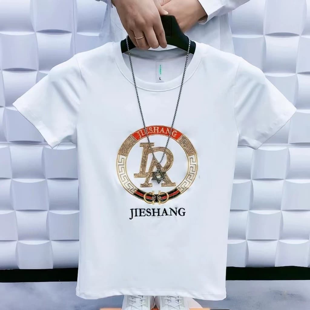 Influenciador camiseta de manga curta masculina verão indústria pesada fino ajuste em torno do pescoço bordado pesado St