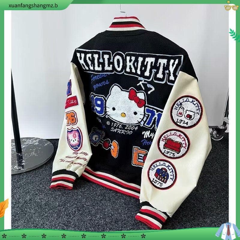 Jaqueta De Beisebol Unissex , Estilo Retrô Americano , Com Patchwork Bordado Hello Kitty , Moda G 8896