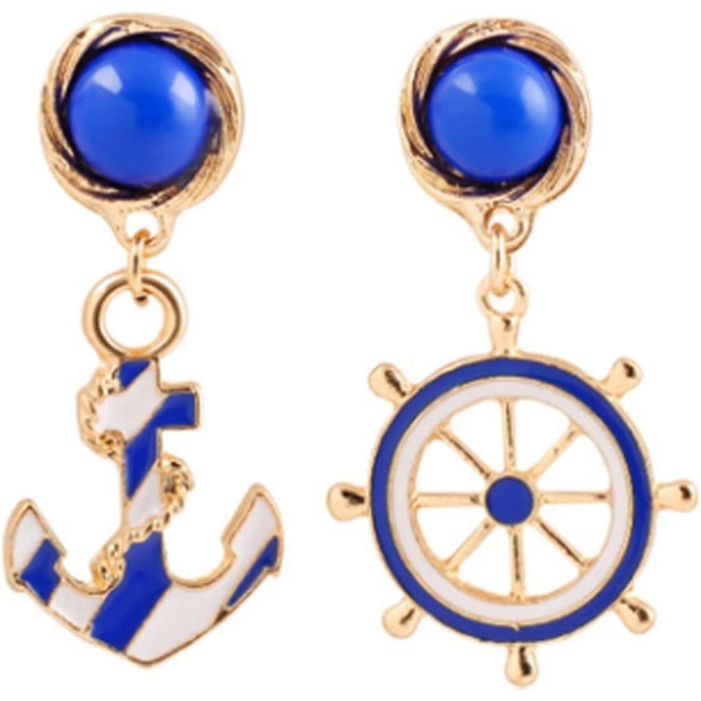 Brincos de Âncora, Brincos Pendentes de Âncora de Navegação, Brinco Pendente de Âncora Assimétrico em Esmalte Azul para