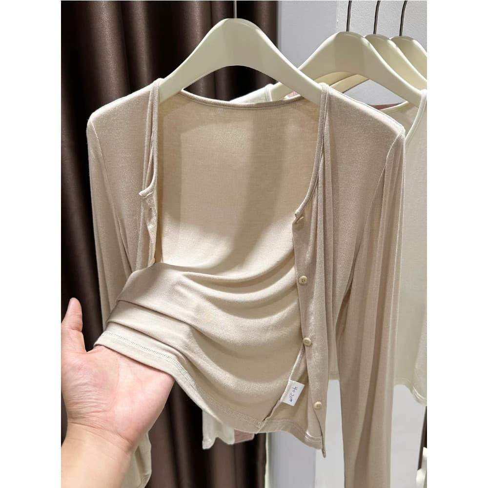 Roupas de pele Super elástica Cardigan estilo fino feminino primavera verão Suspender saia exterior respirável xale blus