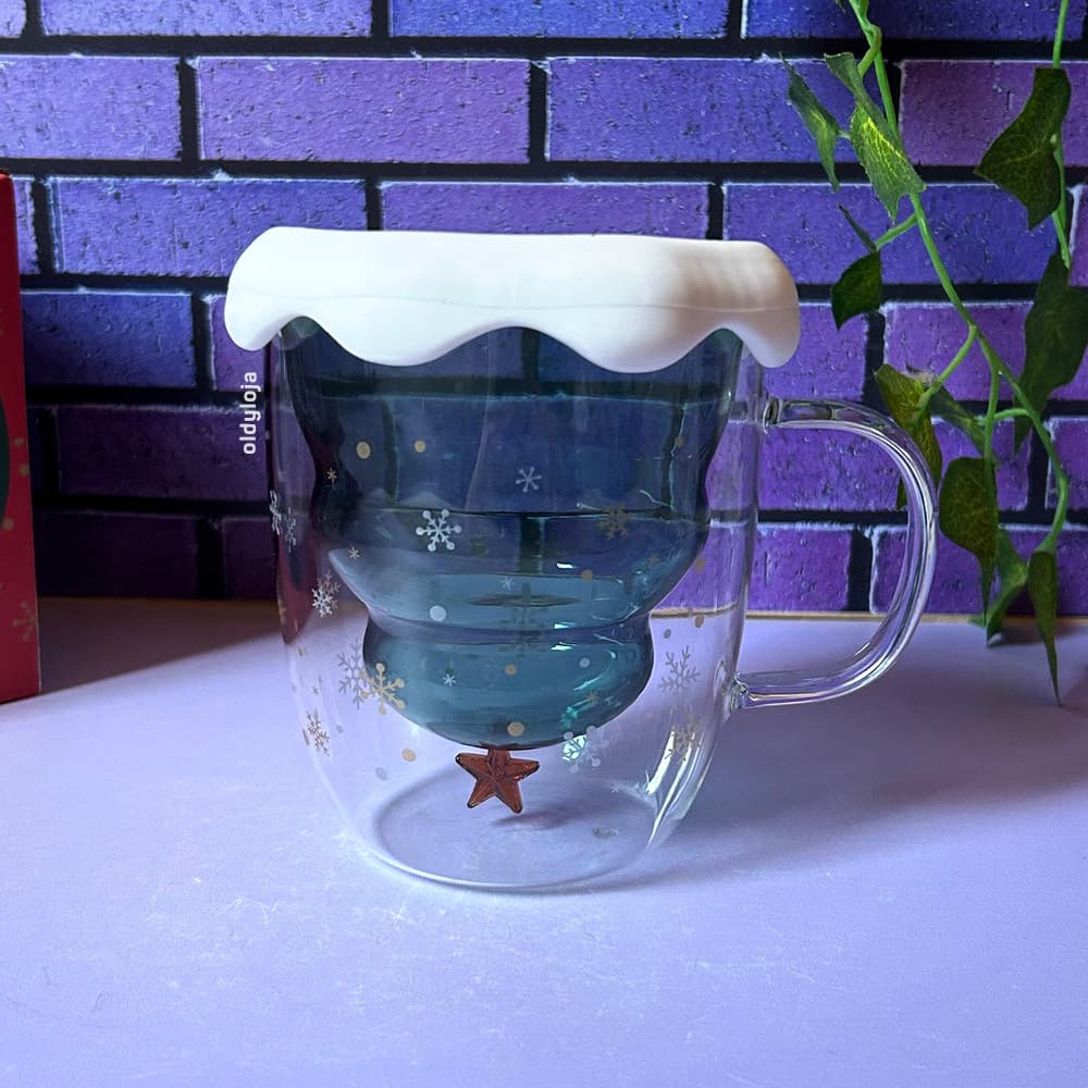 Caneca Natalina Árvore de Natal Vidro Borossilicato 250ml com Tampa