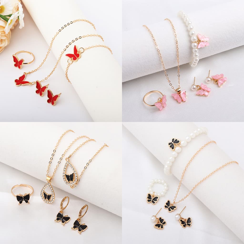 Tendência de comércio exterior novo estilo clássico borboleta colar pulseira brincos jóias All-Match multicolorido óleo