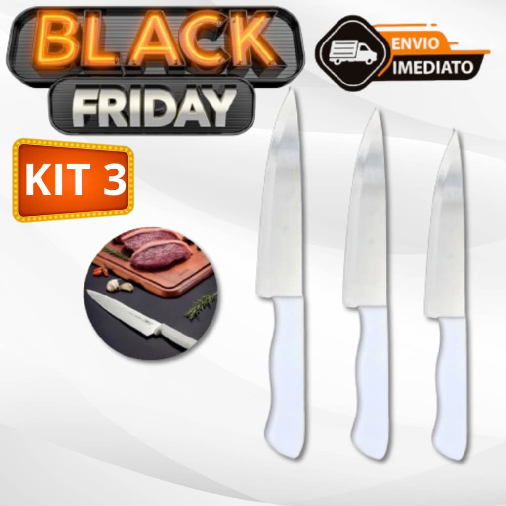 Kit 03 Faca De Cozinha Inox Peixeira Do Chef Com Cabo Branco 7 6 5 Polegadas Profissional