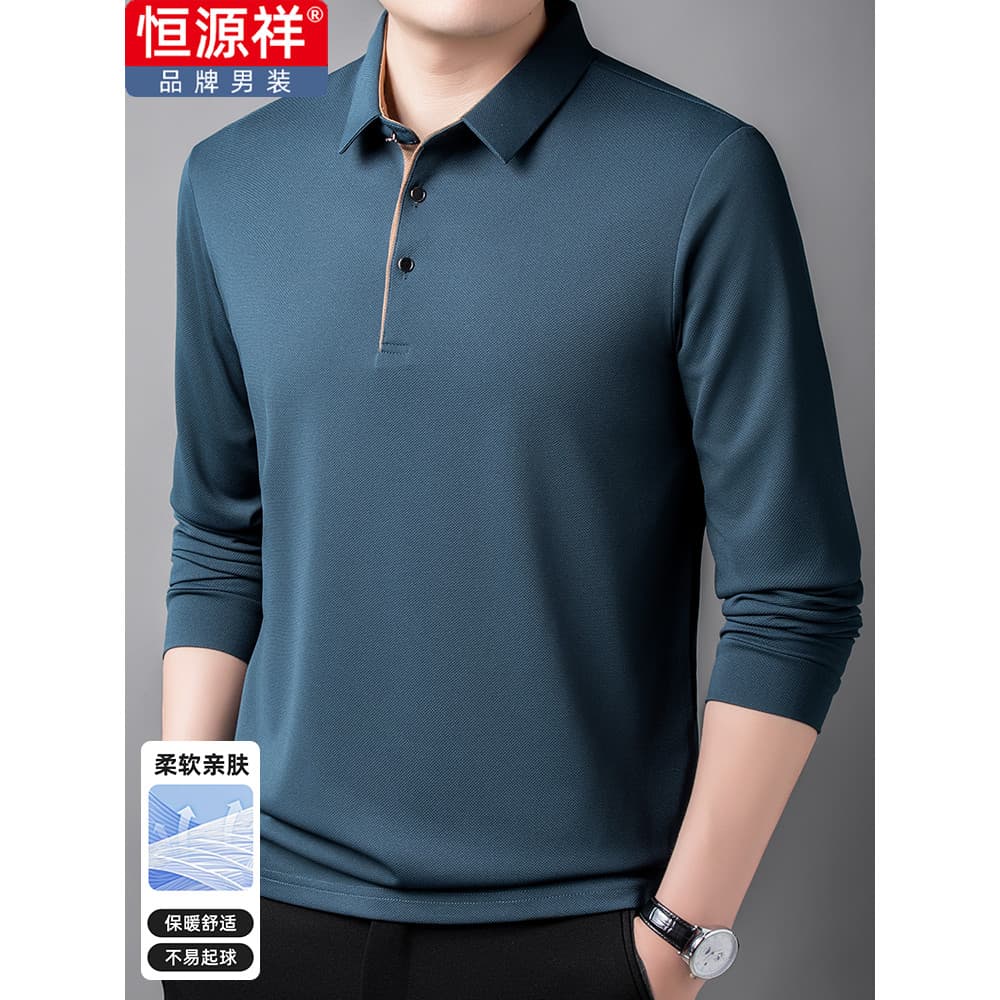 Hengyuanxiang primavera outono novo estilo de manga comprida camiseta masculina cor sólida de meia-idade pai lapela polo