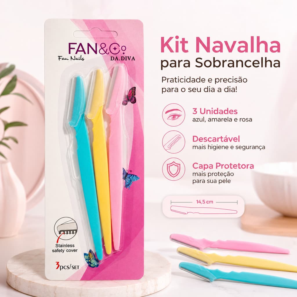 Navalha Descartável para Sobrancelha Kit 3 Unidades Depilação Buço Rosto Design Fan Nails