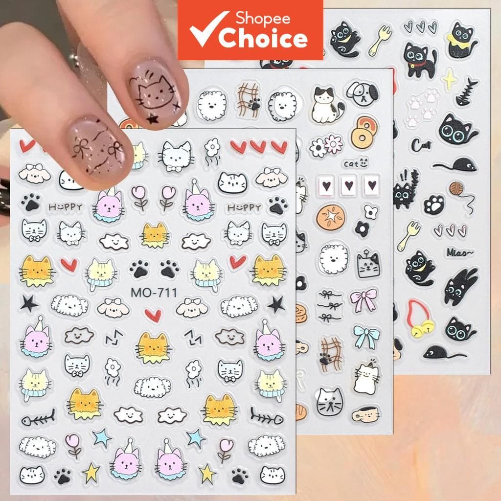 3/6/12 Folhas Adesivos de Unhas de Gato e Cachorro, Decalques Artísticos de Unhas Bonitos e Kawaii, Decoração