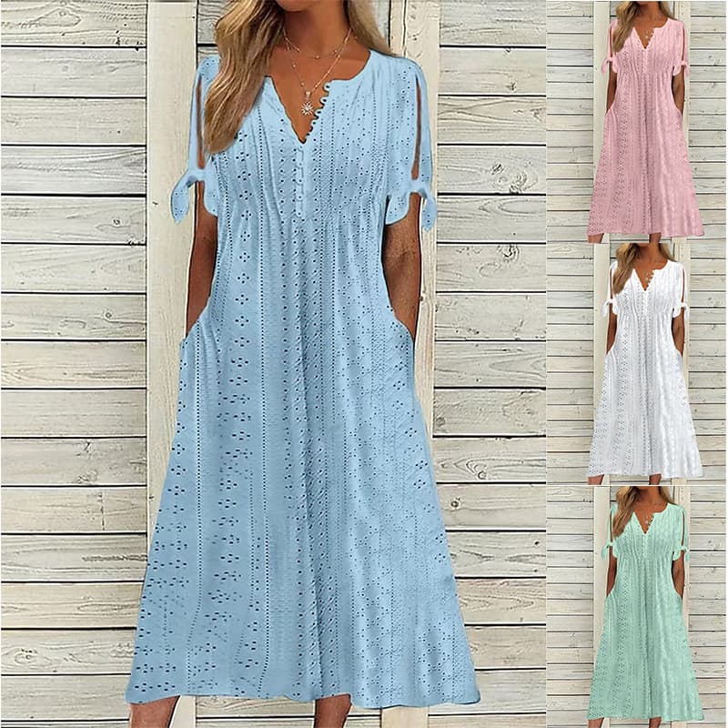 2026 verão novo estilo Cross-Border vestido feminino oco com decote em v renda borda com babados