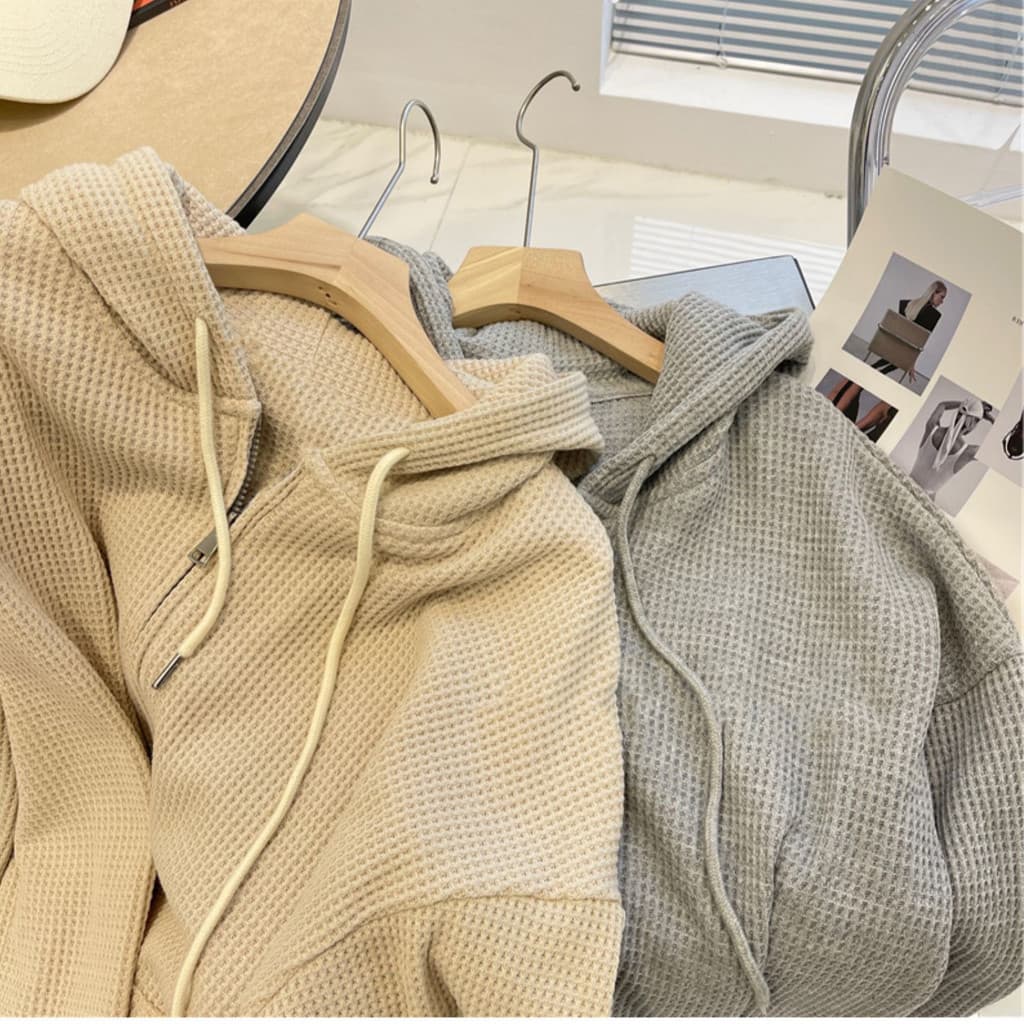 Waffle moletom com capuz feminino outono novo estilo solto mais magro olhar nicho Design primavera verão jaqueta feminin