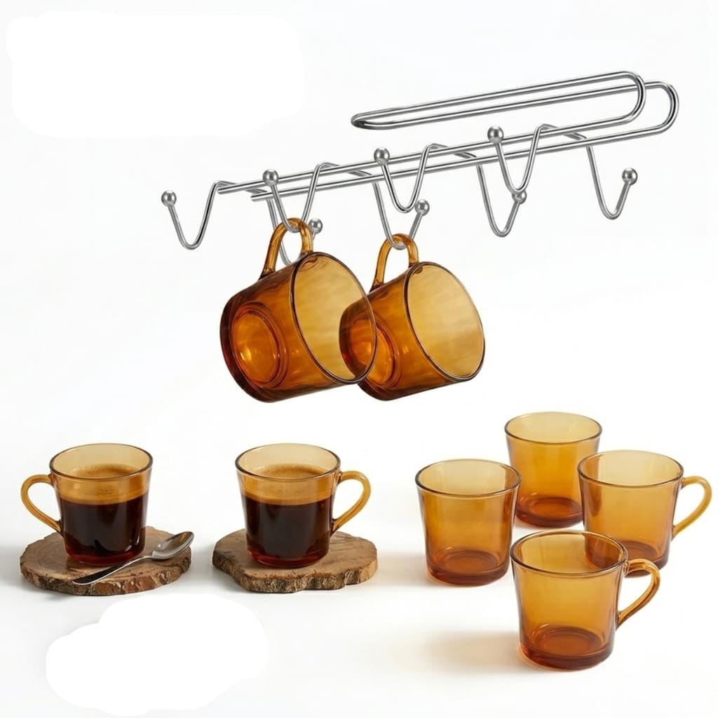 Kit 6 Xícaras de Café Vidro Ambar 170ml + Suporte p Pendurar